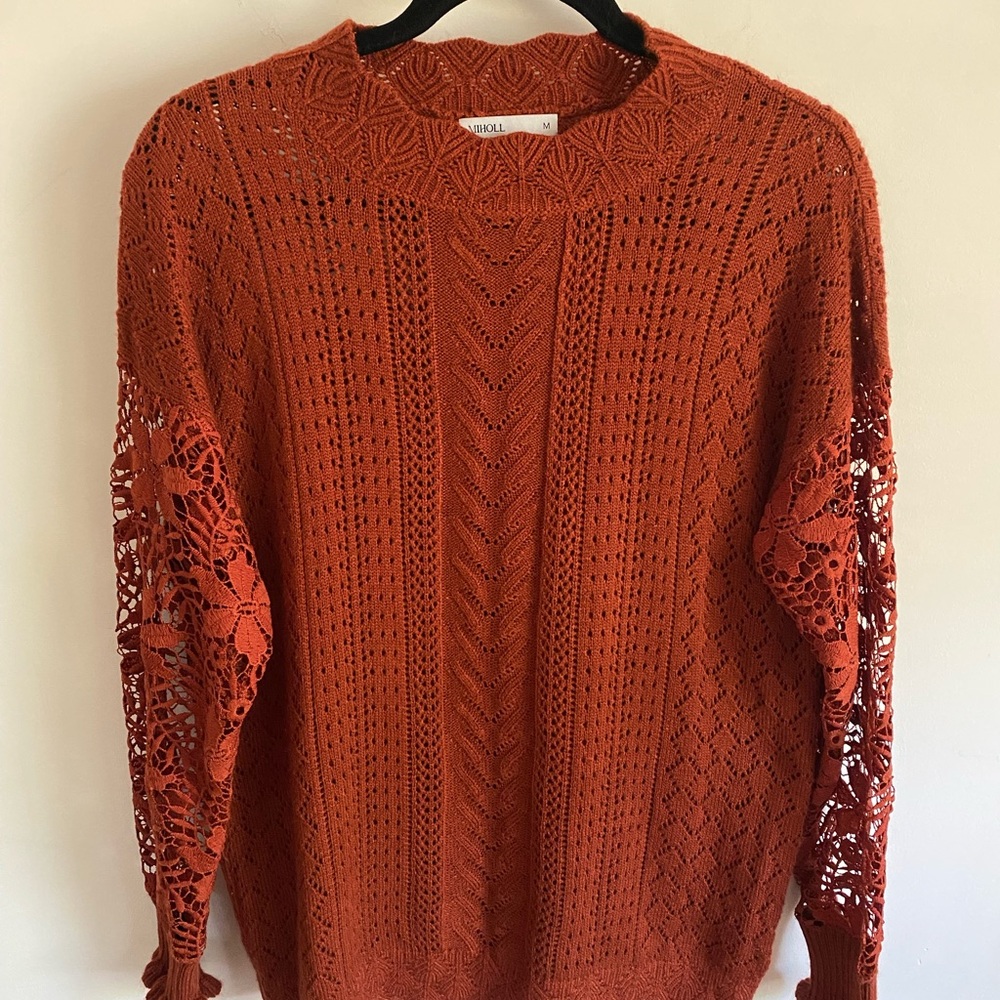 MIHOLL Women's Terracotta Lace Sleeve Sweater Cottagecore